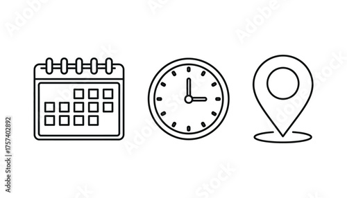 Plan your events with a calendar, clock, and location icon set