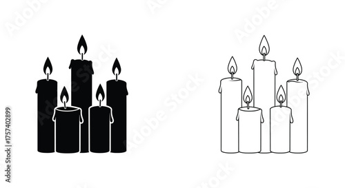 Set of lit candles silhouettes and line art styles for festive ambiance and spiritual reflection silhouette