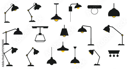 Diverse collection of silhouette desk and pendant lamps modern lighting fixtures home office and interior design elements silhouette