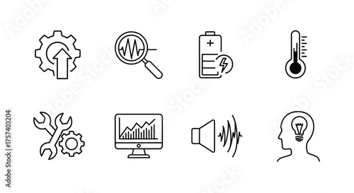 Set of modern technology icons representing data analytics innovation and performance metrics vector