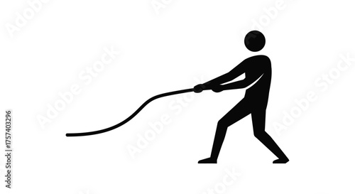 Silhouette of a person pulling a rope in a tug-of-war pose strength competition and effort concept silhouette
