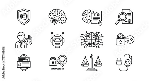 Collection of hand drawn icons representing technology data security ai and innovation concepts vector