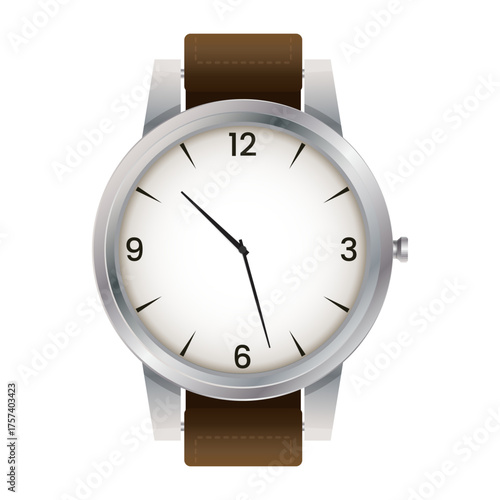 Classic watch with brown leather strap isolated on white