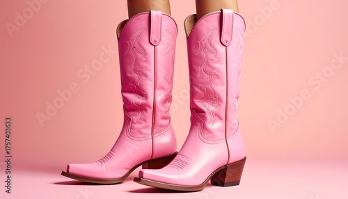 Elegant close-up of pink cowboy boots on a soft pink backdrop