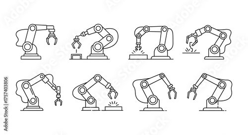Industrial robotic arms set different poses and designs for automation and manufacturing concepts vector