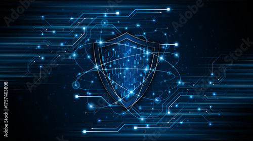 Abstract technology circuit board background with shield symbols concept of data protection and cyber privacy. modern security technology innovation concept background	