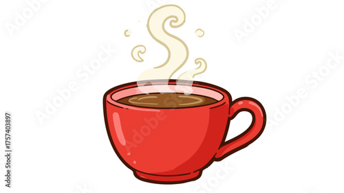 A vibrant red cartoon mug filled with a hot steaming beverage on a clean white background.