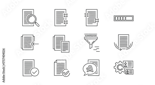 Collection of document and data management icons featuring search analysis security and filtering concepts vector