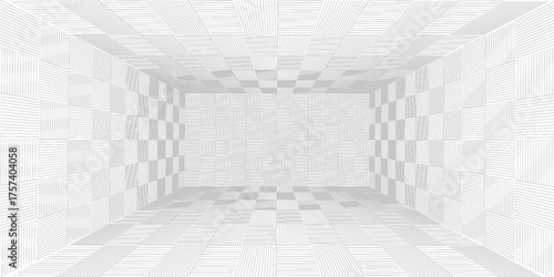Futuristic 3D grid tunnel with black lines on a white background, creating a deep, immersive perspective effect ideal for sci-fi, tech, or retro designs.