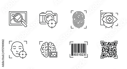 Security biometric identification icons set face scan fingerprint brain camera qr barcode eye magnifier vector