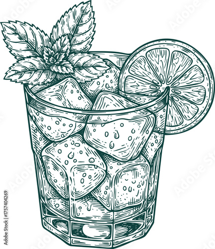 Engraving art vector art of a refreshing glass of iced drink with mint and lime, on transparent background