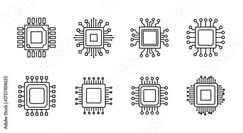 Collection of hand drawn microchip icons diverse electronic components for technology and innovation themes vector