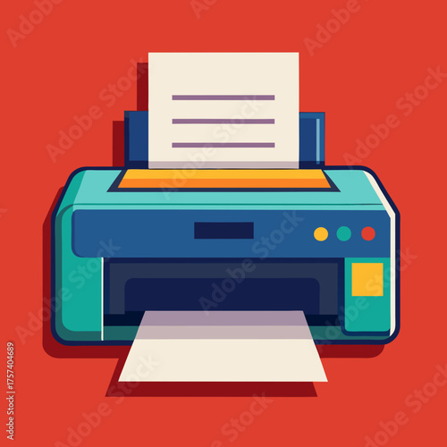 Modern flat design illustration of a teal and blue printer with paper output