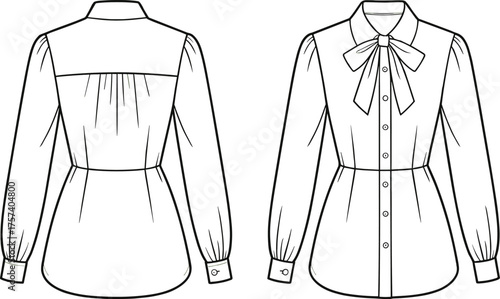Cad drawing flat vector illustration, women's blouse fashion sketch, garment construction template, clothing pattern layout, bow neck shirt design