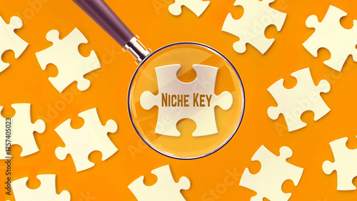 Niche Key text banner. Jigsaw puzzle and magnifying glass 3d render.