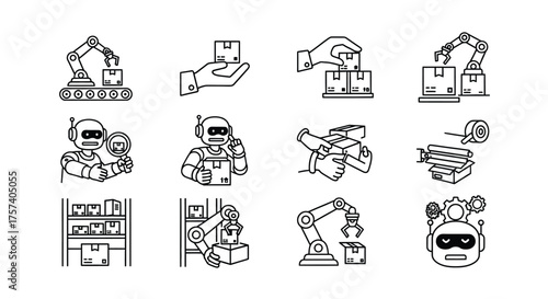 Set of industrial automation icons for manufacturing and logistics with robots and machinery vector