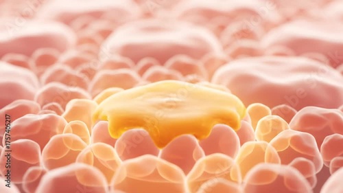 Golden Droplet Nurturing Pink Cellular Structure with Soft Glow and Shallow Depth of Field