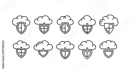 Cloud security icons collection ten hand drawn shield and cloud symbols for data protection vector