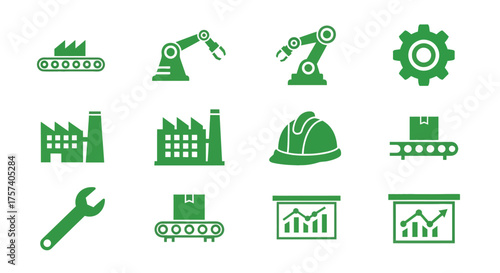 Green industrial icons set representing manufacturing automation technology production and engineering concepts vector