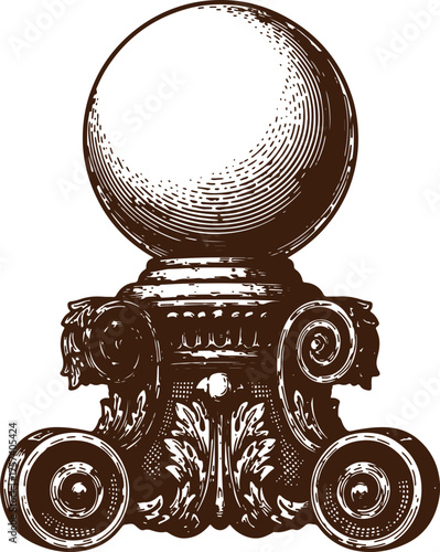 Engraving art vector art of an ornate architectural element featuring a sphere atop a detailed column capital, rendered in a classic engraving style on transparent background
