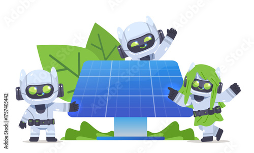 Three Cute Robots Near Solar Panel on White Background. Renewable Energy and Technology Concept