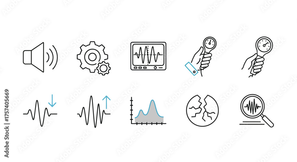 Fototapeta premium Collection of hand drawn audio icons representing sound recording production and analysis concepts vector