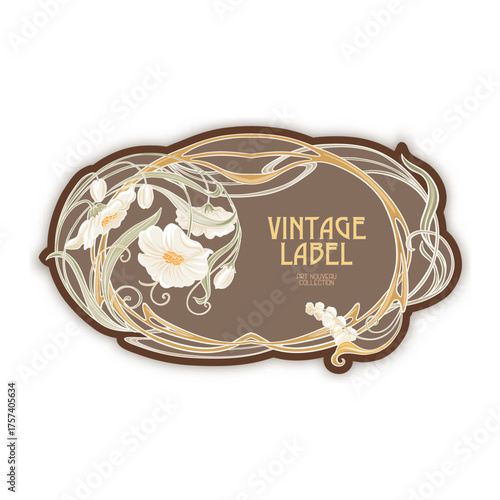 Decorative flowers and leaves in art nouveau style, vintage, old, retro style. Border, frame, template for product label, cosmetic packaging. Easy to edit. Vector illustration.