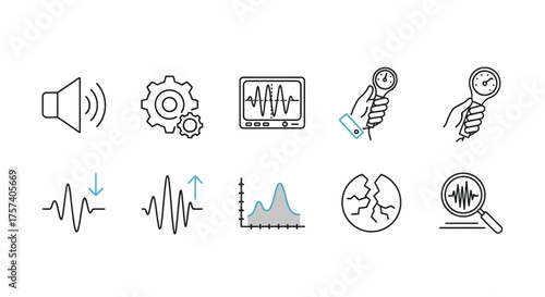 Collection of hand drawn audio icons representing sound recording production and analysis concepts vector