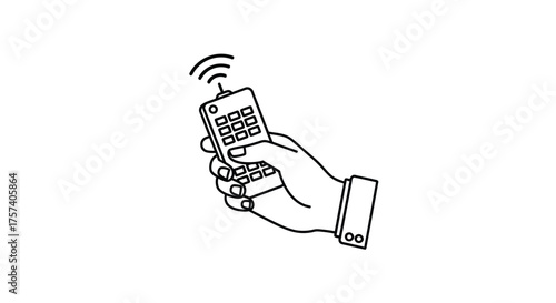 Hand holding remote control transmitting signal wireless technology control device vector