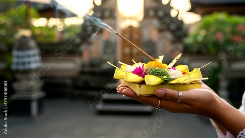 Woman holding a traditional offering with incense in a serene temple setting