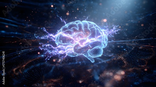 Glowing brain structure emits electric energy in abstract digital space.
