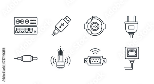 Set of electrical connectors and adapters in a hand-drawn sketch style for technical designs vector