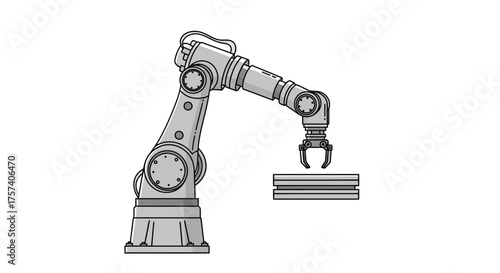 Industrial robotic arm manipulator gripping a metal component in a factory automation setting vector