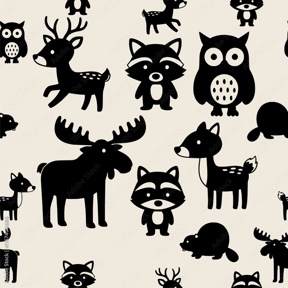 Obraz premium Beige and Black Forest Animal Seamless Pattern with Wild Creatures