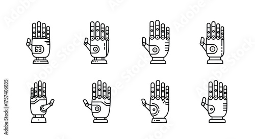 Set of eight robotic hands showing different gestures and finger positions vector