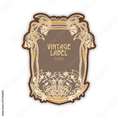 Decorative flowers and leaves in art nouveau style, vintage, old, retro style. Border, frame, template for product label, cosmetic packaging. Easy to edit. Vector illustration.