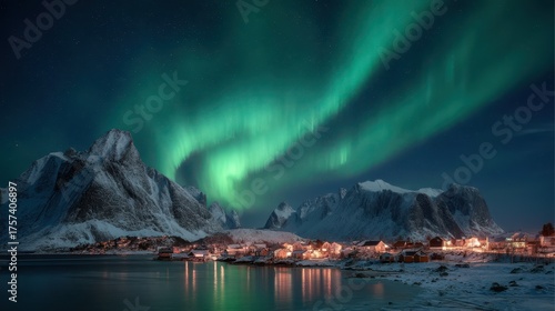 Northern lights over snowy Scandinavian fishing village and fjord in winter night with starry sky
