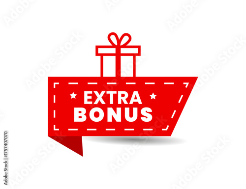 Red extra bonus label with gift box web banner vector illustration or promotions sales reward