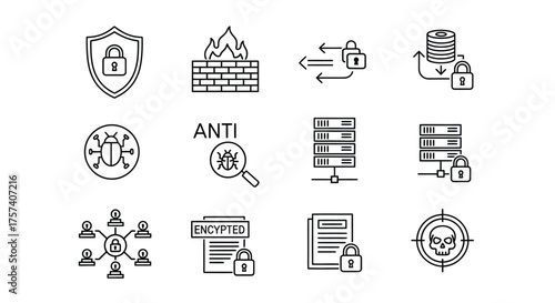 Cybersecurity icons set digital security protection network data privacy threat prevention vector