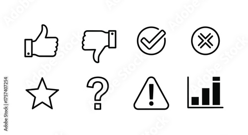 Hand drawn social media icons set thumbs up down checkmark star question mark warning chart vector