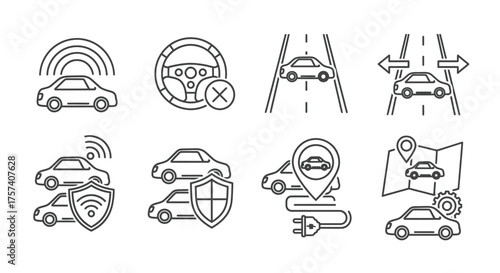 Autonomous driving icons representing navigation safety technology and electric charging solutions vector