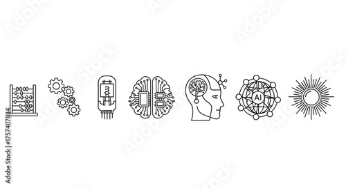 Collection of antique and mythological line art icons featuring architecture faces and symbols vector