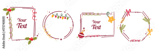 Christmas decorative frames set. Hand drawn holiday borders with holly, lights, stars and bows. Flat vector illustration for greeting cards and festive design.