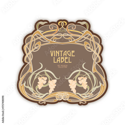 Decorative flowers and leaves in art nouveau style, vintage, old, retro style. Border, frame, template for product label, cosmetic packaging. Easy to edit. Vector illustration.