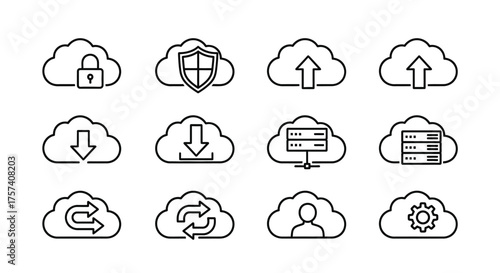 Set of cloud computing icons with security data storage connectivity and user symbols vector