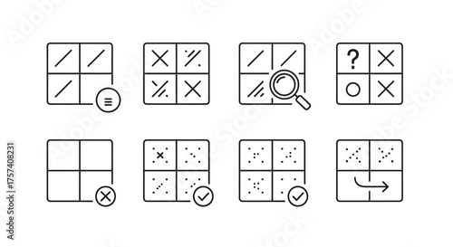 Grid icons with symbols tic tac toe elements and magnifying glass for strategy vector