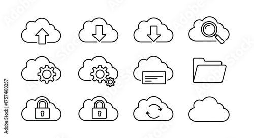 Collection of cloud computing icons representing data storage security and operations for digital services vector