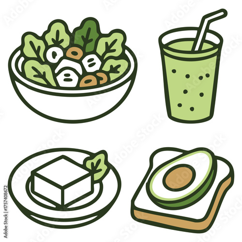 Vector art of healthy food set with salad, smoothie, tofu, and avocado toast