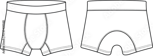 Boxer briefs, men’s underwear, garment design, clothing template, apparel mockup, technical drawing, sewing pattern, vector illustration, fashion design, textile industry