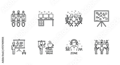 Business meeting and office scenes icon set hand drawn style icons representing collaboration and productivity vector